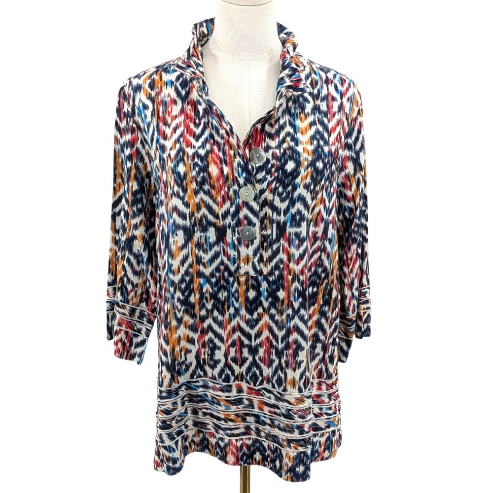 John Mark Linen Blend Tunic Blouse Ikat Print Wired Collar 3/4 Sleeve M
